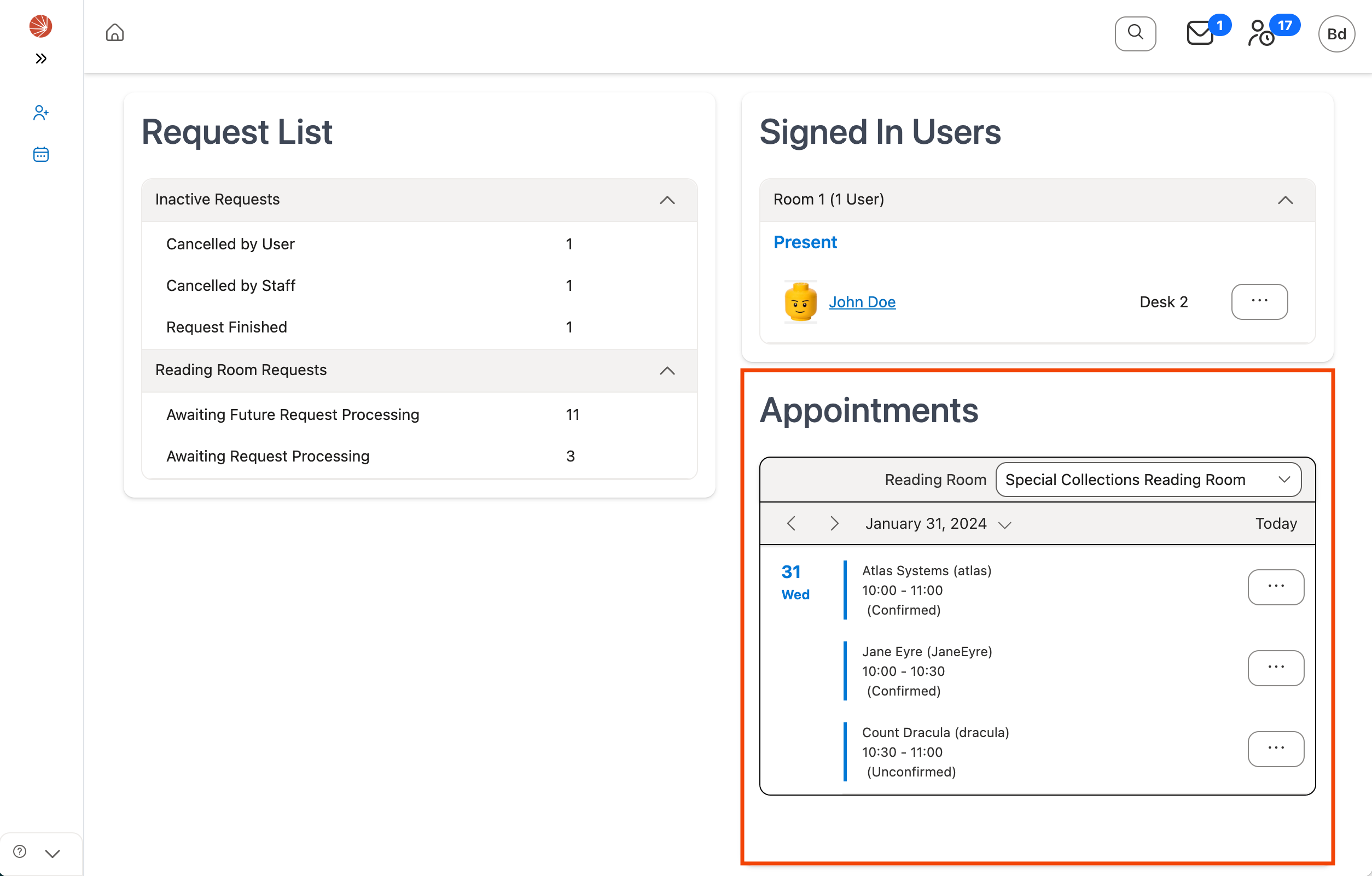 Appointments section on Dashboard